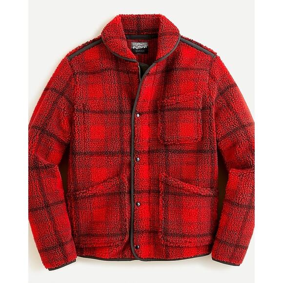 J. Crew Wallace & Barnes Sherpa Fleece Jacket in Moda Red Black Plaid Size Large